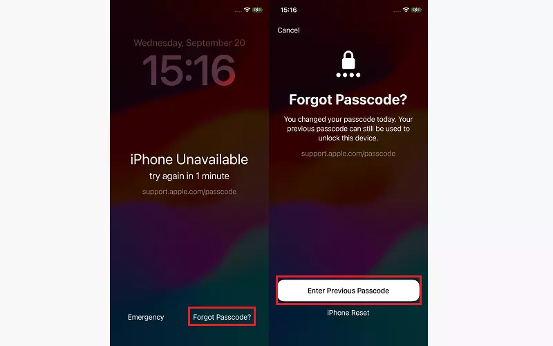 Enter Previous Passcode option on an iPhone