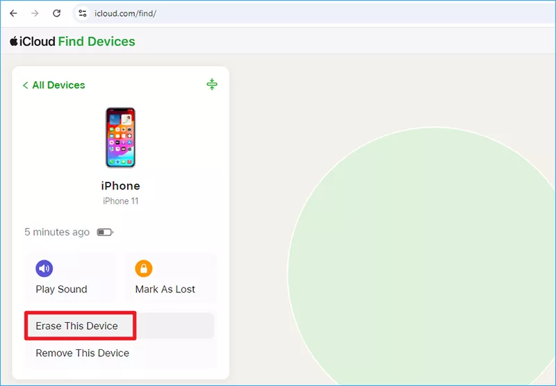 Erase This Device option in Find My
