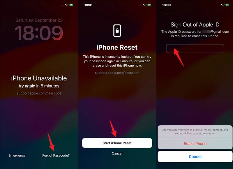 Reset an iPhone from the iPhone Unavailable screen
