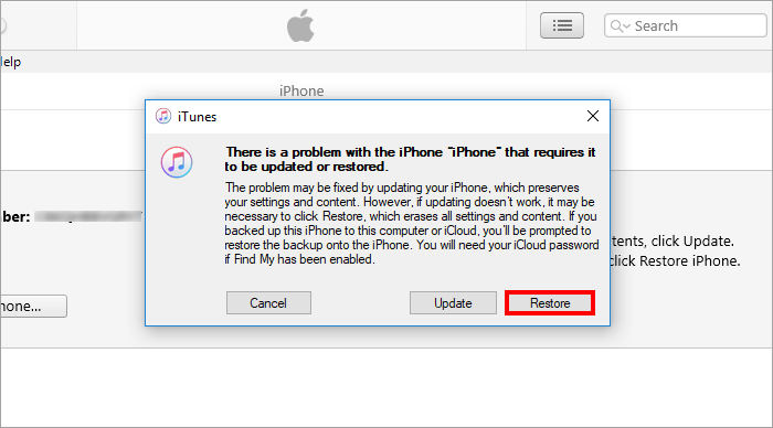 Example of the Restore option in Apple Devices or Finder