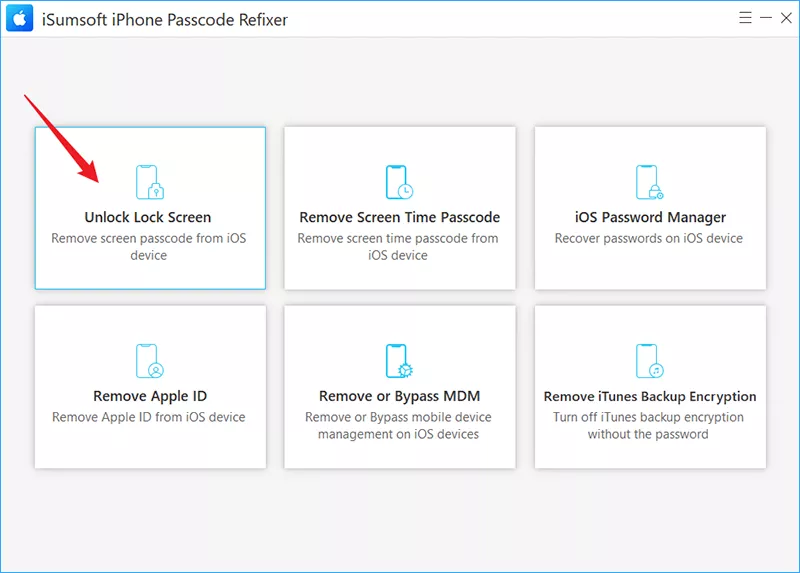 Select Unlock Lock Screen in iSumsoft iPhone Passcode Refixer