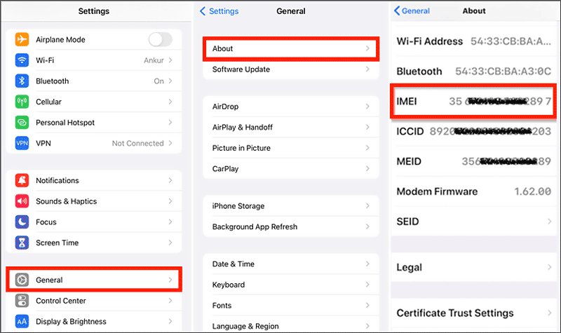 check imei number via settings