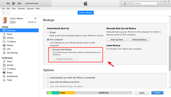 uncheck Encrypt local backup
