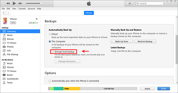 Encrypt local backup is unchecked