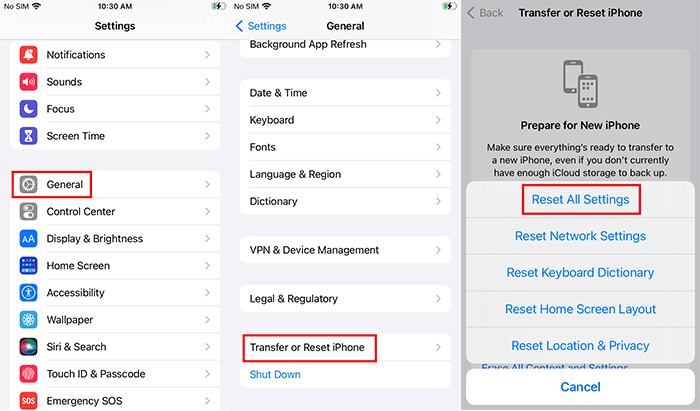 reset all settings