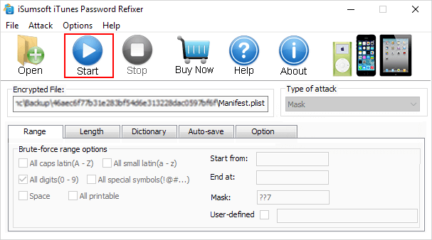 Start iPhone backup password recovery