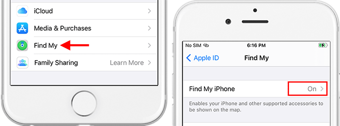 toggle Find My iPhone off