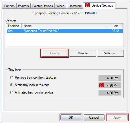 enable touchpad in mouse settings