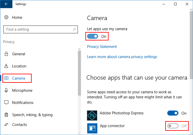 Allow or block Windows app use camera