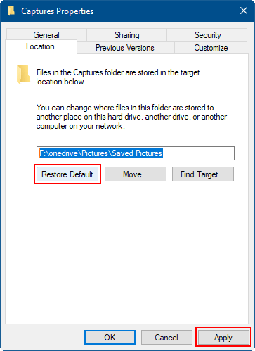 Restore default capture folder