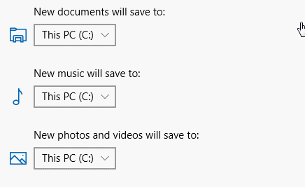 Setect the drive to save new contents in Windows 10
