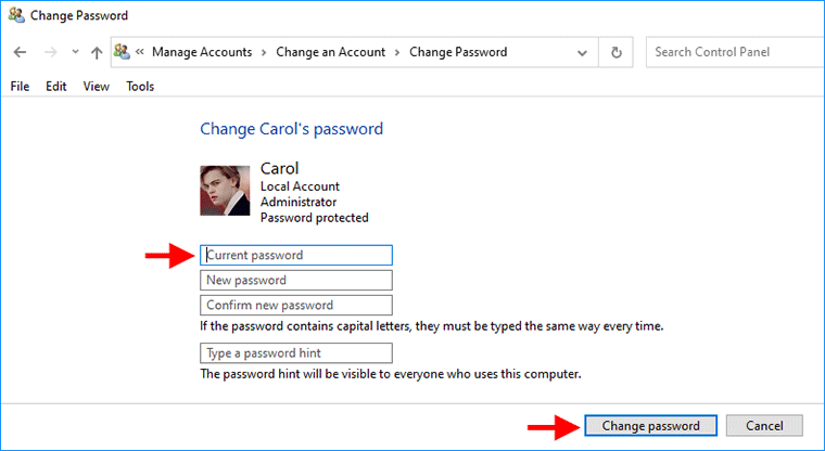 click Change password