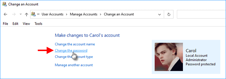 click Change the password