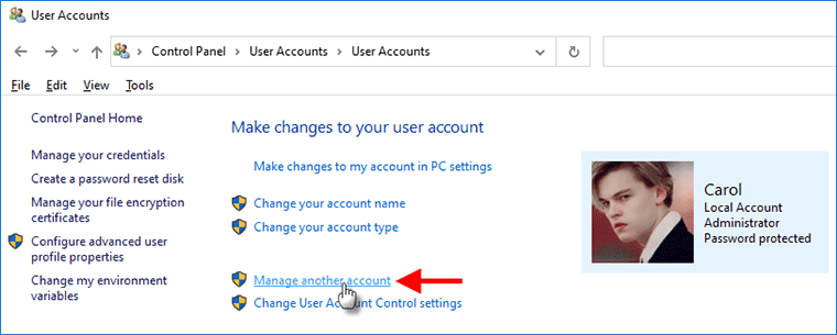 click Manage another account