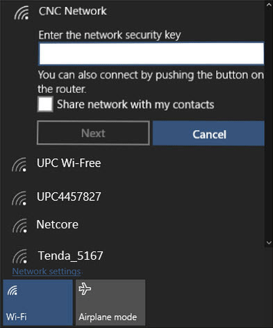 Type wireless network security key