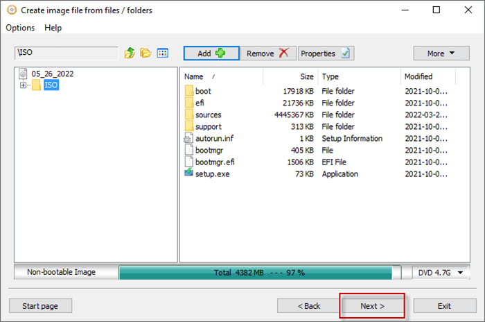 Click on Next when all the files on USB are added on Anyburn