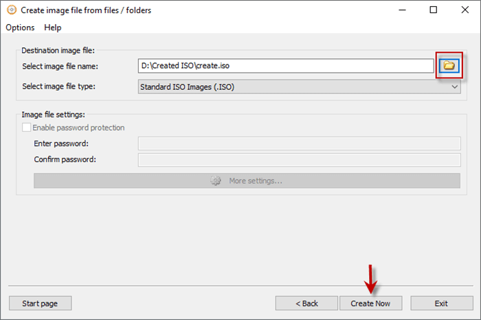click on file icon to select a path for the created ISO file on Anyburn