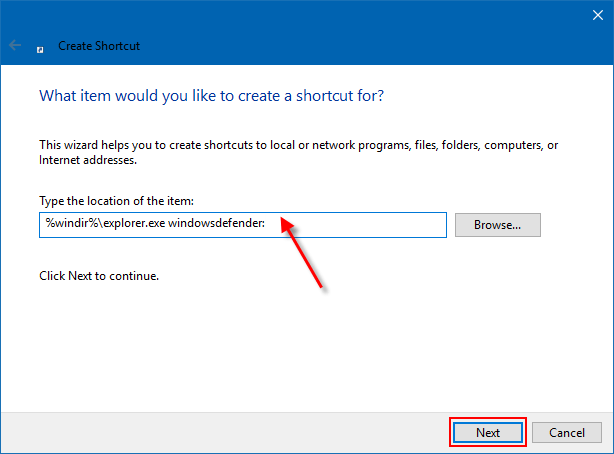 create a Windows Defender Security Center shortcut
