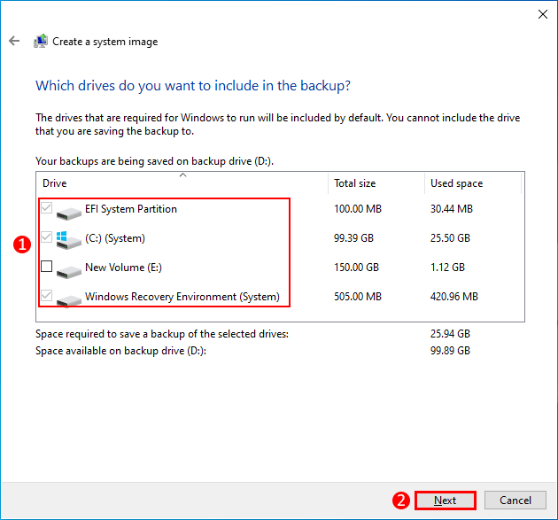 select drives to back up