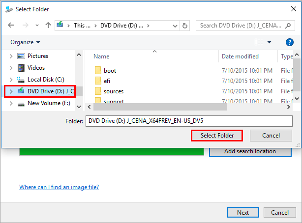 select the DVD drive of the mounted ISO file
