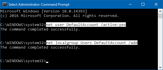 Enable Default Account via Command Prompt