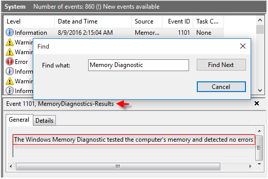 Find the Event Viewer Logs for Memory Diagnostic in Windows 10