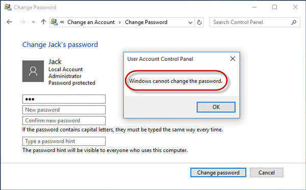 windows cannot change the password