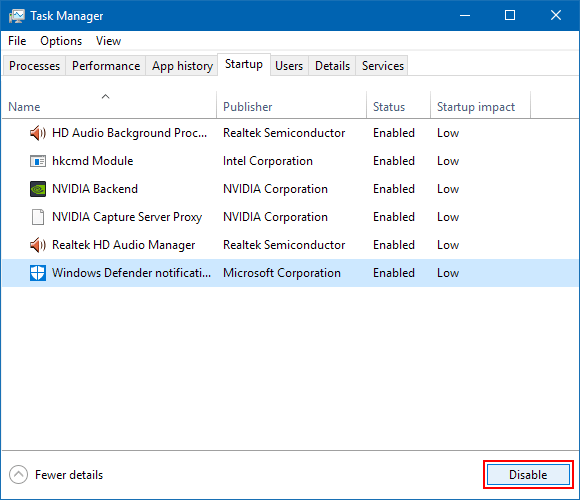 Disable or enable Windows Defender notification icon in Task Manager
