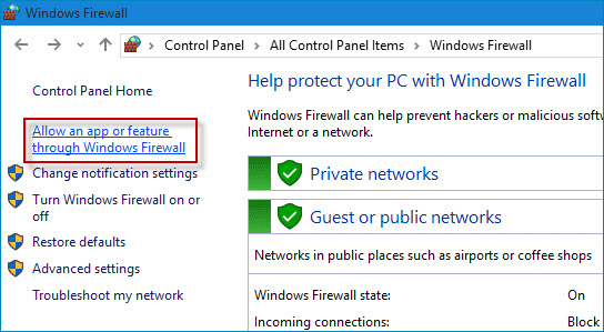 Allow an app or feature through Windows firewall