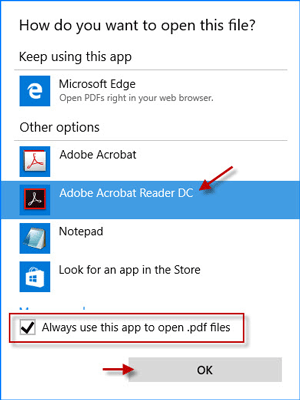 Select an app to open PDF file and set it as the default