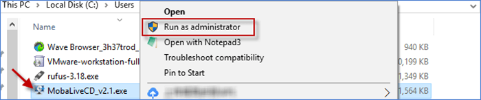  Right-click MobaLiveCD file and choose Run as administrator