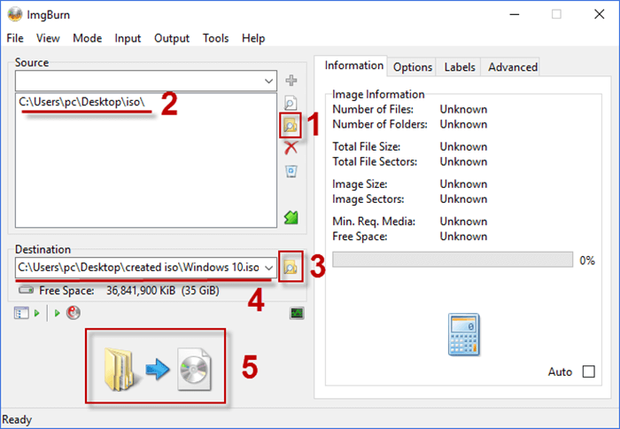 add ISO file and set destination folder to save the created ISO file