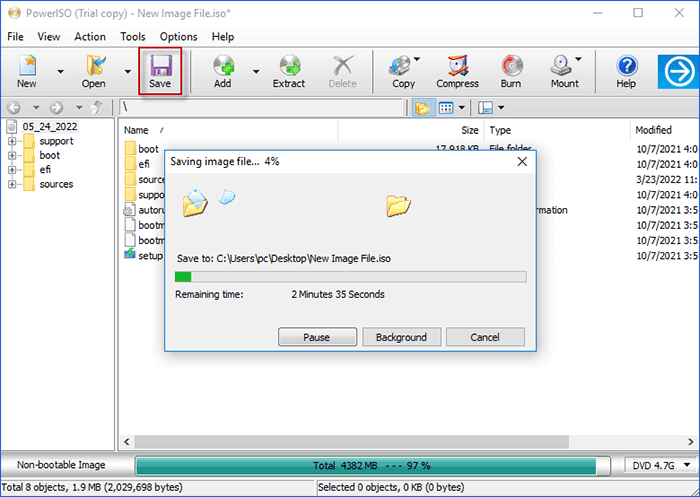 click save to set file place and start creating ISO file in PowerISO
