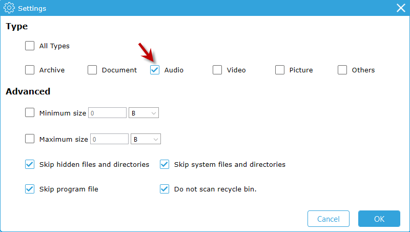 choose audio option in scan settings
