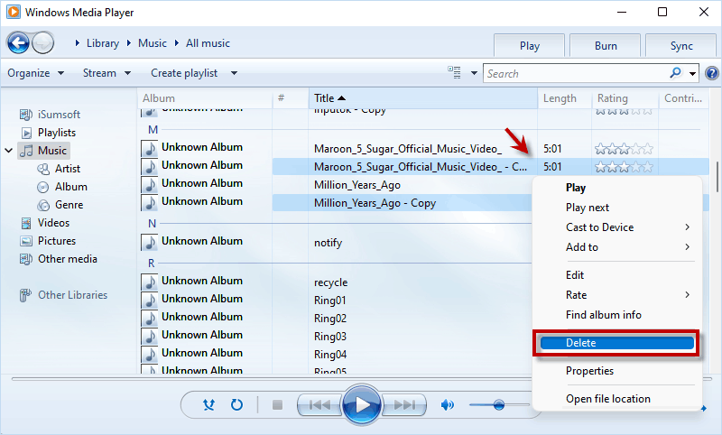 delete duplicate music files in Windows Media Player