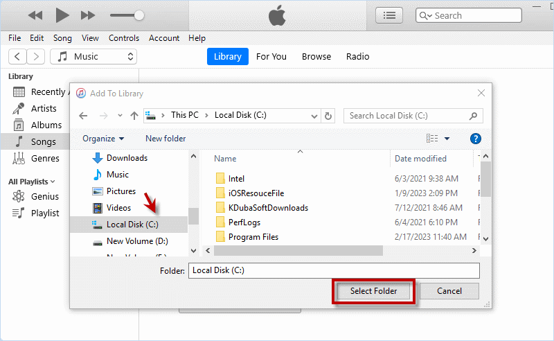 Select folder containing music files 