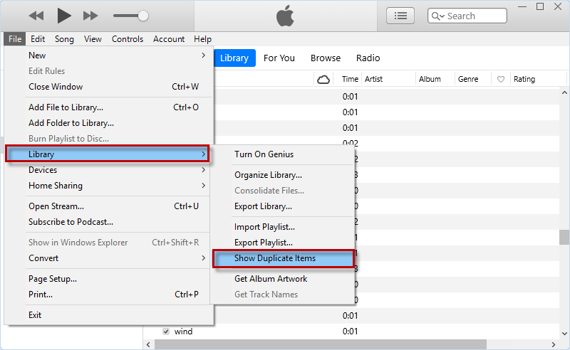 click Library > Show Duplicate Items