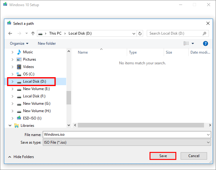 select the path to save the Windows 10 ISO file