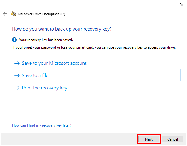 save recovery key
