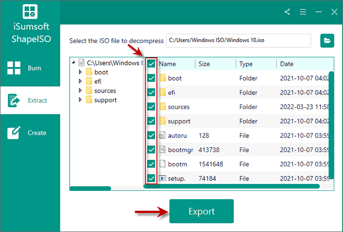 check the boxes for the iso files and click on Export