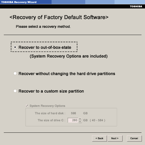 Recover Toshiba to out-of-box-state