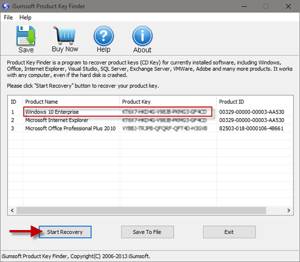 Click on Start Recovery to find Windows 10 product key