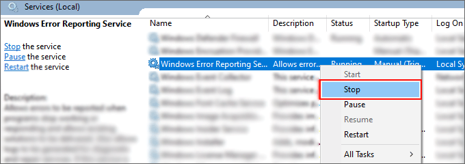 Disable Windows error reporting services