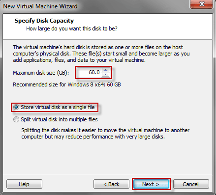 Specify disk capacity for the virtual machine