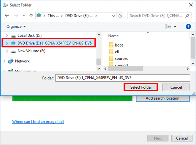 select the DVD drive of the Windows 10 ISO