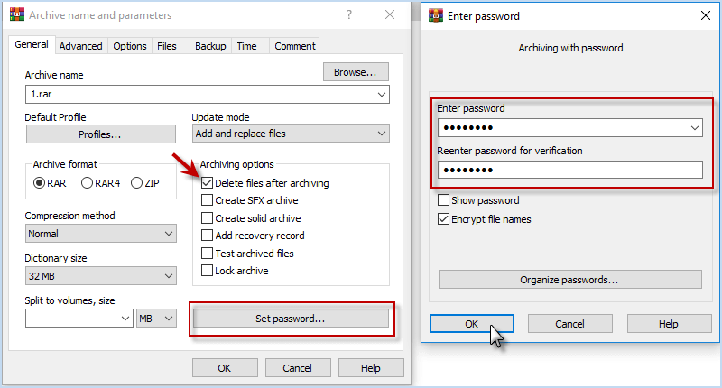 set password for zip jpeg files