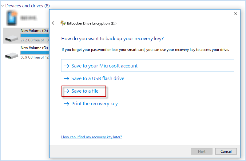 click Save to file to back up recovery key