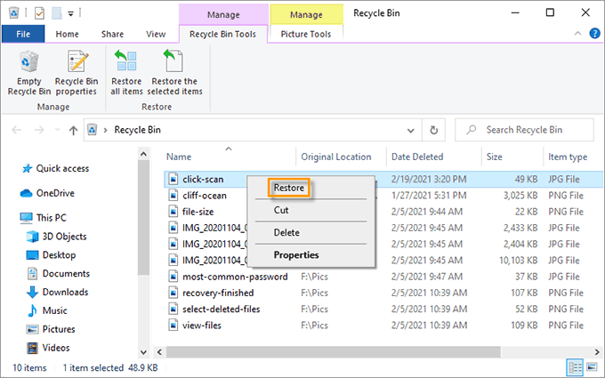 restore photos from Recycle Bin