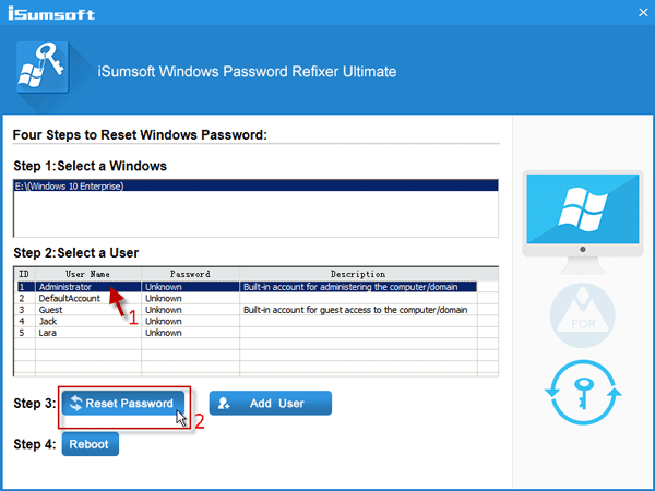 Select built in administrator account and click reset password