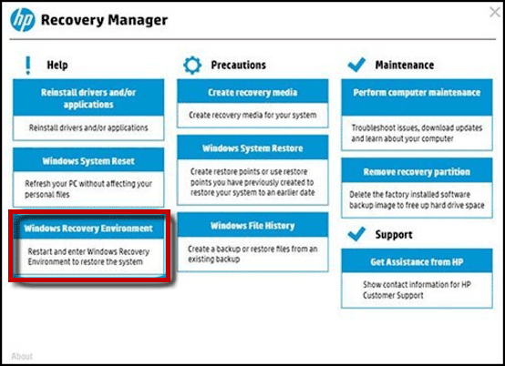 Select Windows Recovery Environment
